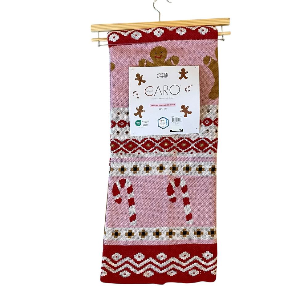 Caro Home Holiday Knitted Throw 50x60 Gingerbread Candy Cane Fair Aisle Pinkmas